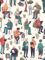 Aufkleber - A group of elderly people is engaged in activities such as reading and using devices, surrounded by plants in a warm indoor setting. Generative AI