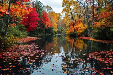Aufkleber - A serene autumn scene with vibrant fall foliage reflected in a calm river, surrounded by colorful trees and leaves scattered on the water.