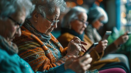 Aufkleber - A group of elderly people sits together, immersed in their smartphones, enjoying companionship in a warm, inviting indoor environment. Generative AI