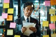 © siripimon2525 - A Japanese man in an office, frustratedly holding a document, questioning expression, surrounded by sticky notes on glass wall, business attire, modern office setting