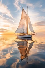 Wall Mural - A classic sailboat with white sails sailing on calm waters against the backdrop of an enchanting sunset.