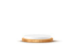 © backup16 - Wooden 3d podium on white background. Round stage display product. Empty circle stand pedestal of natural wood with white top for luxury product presentation. Realistic modern vector illustration.