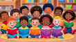 © Vicky - group of diverse young kids children student reading book listen story class kindergarten school education learning classroom library happy heartwarming storytelling cartoon illustration cute digital