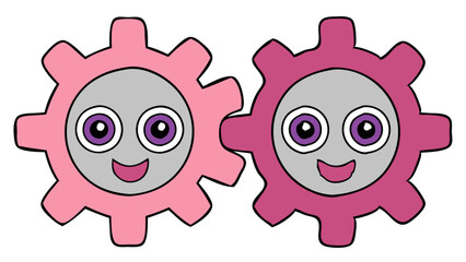 two smiling cartoon pink and purple kawaii interlocking cogs in mechanical dance