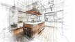 © Bargais - Architectural sketch of a kitchen interior design with wooden and white colors.