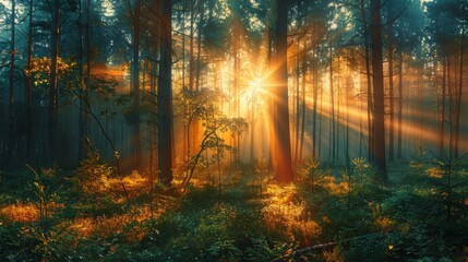 Canvas Print - A beautiful forest, a bright sun shines between the trees.	