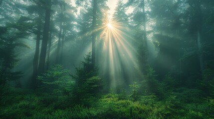 Poster - A beautiful forest, a bright sun shines between the trees.	