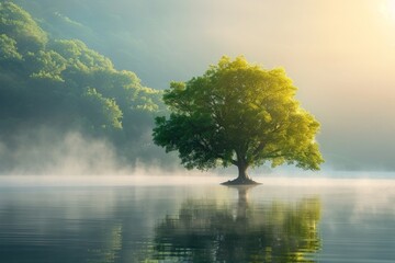 Wall Mural - Beautiful tree in the fog on the lake at sunrise.