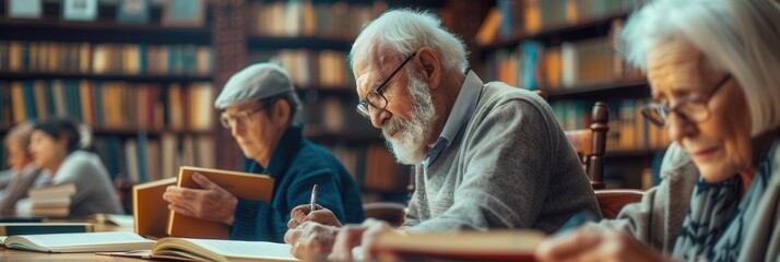 Poster - Elderly individuals study foreign languages using textbooks and dictionaries while seated in a cozy library filled with books. Generative AI