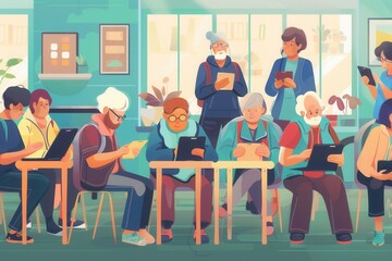 Aufkleber - Senior citizens are attentively learning about technology, using tablets and laptops in a vibrant community center setting during a workshop. Generative AI