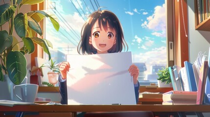 Poster - The anime a girl is sitting at a desk holding a large blank sign.