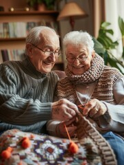 Poster - An elderly couple shares smiles while knitting together, surrounded by a warm and cozy atmosphere in a communal crafting space. Generative AI