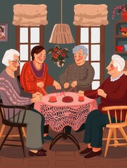 Aufkleber - Four elderly individuals gather at a table, focusing on knitting and sewing in a warm and inviting indoor space. Generative AI