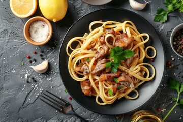 Wall Mural - Pasta with meat and mushrooms in a pan.