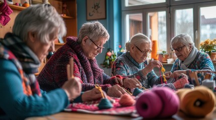 Poster - Elderly participants focus on knitting and crafting, sharing techniques and enjoying each other's company in a warm, inviting learning environment. Generative AI