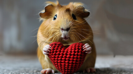 Wall Mural - Cute guinea pig holding a red heart with adorable expressions, furry pet in a closeup portrait