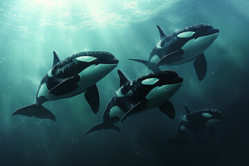 Poster - Group of orcas whales swimming underwater in the ocean, showcasing marine wildlife and nature