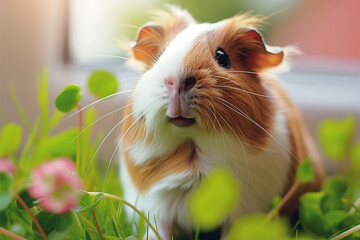 Wall Mural - Cute guinea pig on a grassy windowsill with sunlight and whiskers, perfect for a pet-friendly nature portrait