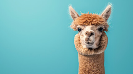 Poster - Cute alpaca portrait with a blue background showcasing the furry and fluffy domestic animal.