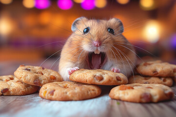 Wall Mural - Cute hamster surprised while nibbling delicious cookies with crumbs on a wooden table in bokeh background