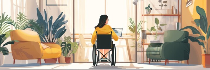 Poster - Woman in a wheelchair working on a laptop in a sunlit room with many plants. Concept of remote work, accessibility, and biophilic design.
