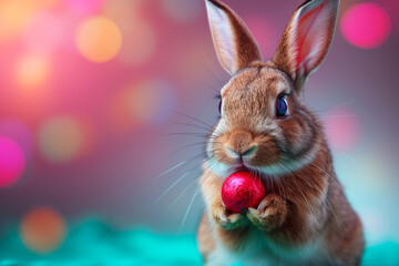 Wall Mural - Cute rabbit holding a chocolate with bokeh in the background, adorable portrait with ears and fur