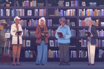 Poster - A group of elderly individuals peruses books and studies together at a community library in the afternoon, fostering connection and knowledge. Generative AI