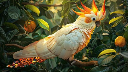 Wall Mural - A stained glass artwork of a colorful canary surrounded by lush green leaves and vines, with its vibrant yellow feathers shining in the sunlight.