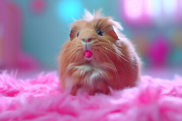 Wall Mural - Cute fluffy guinea pig with pink background and soft plush fur, adorable pet animal image