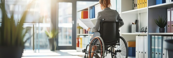 Aufkleber - Woman in a wheelchair reading documents in a sunlit modern office. Concept of accessibility and inclusion.