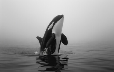 Wall Mural - Majestic orca whale breaching in the misty ocean water, showcasing nature's wildlife beauty