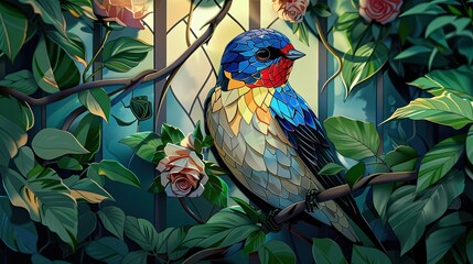 Wall Mural - A stained glass artwork of a colorful swallow surrounded by lush green leaves and vines.