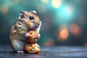 Wall Mural - Cute tiny hamster chewing snacks with bokeh background holding cookies and looking adorable