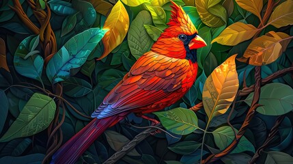 Wall Mural - Stained glass depiction of a colorful cardinal with bright red feathers, nestled among lush green leaves and vines.