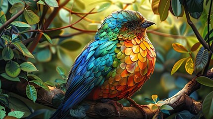 Wall Mural - Stained glass depiction of a colorful roller with bright blue and green feathers.