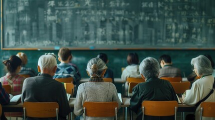 Poster - A group of elderly individuals studies foreign languages using textbooks and dictionaries in a classroom setting, focused on learning together. Generative AI