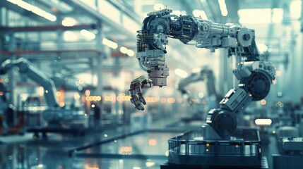 Poster - Robotic arm in an industrial setting with blurred background. Concept of automation and advanced manufacturing technology.