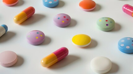 Canvas Print - Various vibrant pills on white surface Medication in tablet and capsule form