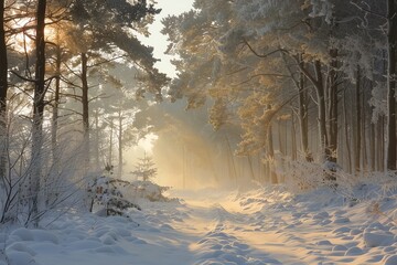 Poster - Scenic winter forest with snow-covered trees illuminated by golden sunlight, creating a serene and magical atmosphere.