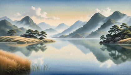 Wall Mural - Peaceful Lake Scenery with Mountains Reflecting in the Calm Water