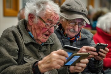 Aufkleber - Two elderly men focus intently on their smartphones at a community gathering, showcasing modern technology adoption among seniors. Generative AI