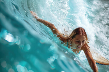 Poster - Young woman surfing in swimming pool