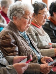 Aufkleber - Two elderly women are focused on their mobile devices while sitting together in a cozy community center during an afternoon gathering. Generative AI