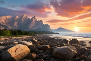 Wall Mural - Scenic view of rocky mountains near sea against sky at sunset Generative AI