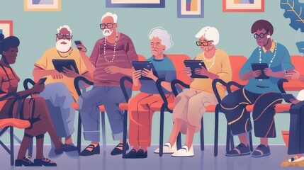 Aufkleber - A group of elderly individuals using tablets while seated together in a brightly colored waiting area during a social activity. Generative AI
