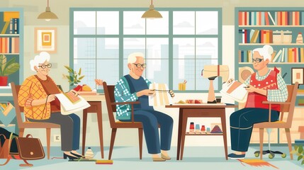 Poster - Adults are happily learning to knit and sew together in a bright, welcoming space filled with crafts and resources. Generative AI