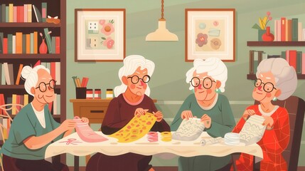 Aufkleber - Four elderly individuals are focused on knitting and sewing together, fostering creativity and companionship in a warm learning environment. Generative AI