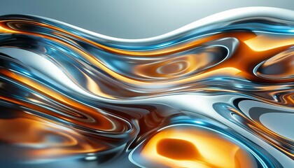 Poster - abstract metallic liquid waves with blue and orange hues creating a fluid, flowing, and futuristic d