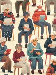Poster - A gathering of elderly people focused on their digital devices while seated on colorful stools, illustrating interaction with technology in a lively setting. Generative AI