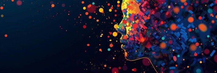 Poster - Abstract digital face with splashes of vibrant colors on a dark background. Highlights futuristic technology and AI